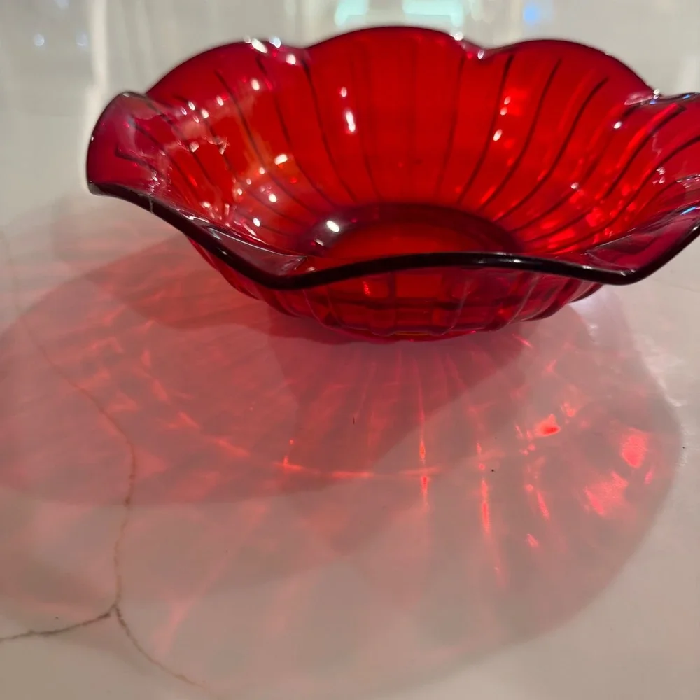 Fenton Ruby Red Ribbed Glass Bowl Scalloped Edge Fluted Mid-Century Modern